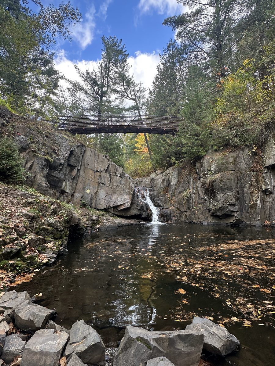 Megan hiking beside a forest waterfall