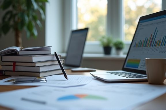 A research desk with books and laptops